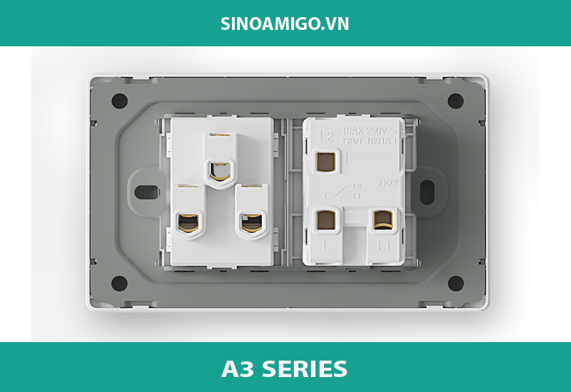 Bộ mặt hai ổ cắm 3 chấu đa năng  Novalink mã A6-20 công xuất 15A , điệp áp  220V đên 250V mầu trắng sứ dòng cao cấp